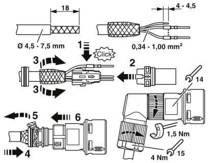 Anleitung zur Montage eines Steckverbinders mit Schritt-für-Schritt-Diagrammen und Maßen; zeigt Mechanismus und Komponenten.