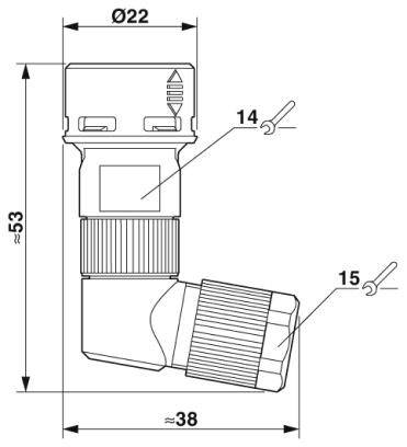 Technische Zeichnung eines Winkelfittings mit Maßen: Höhe etwa 53 mm, Breite etwa 38 mm, Durchmesser 22 mm. Markierungen bei 14 und 15.