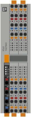 Ein elektronisches Modul mit mehreren Anschlüssen und LED-Anzeigen, vermutlich zur Steuerung oder Überwachung in einem industriellen Kontext.