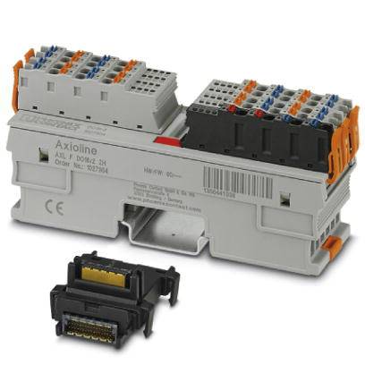 Elektronische Steckverbinder und Module mit orangenen, blauen und grauen Elementen. Hauptmodul trägt die Aufschrift 'Axioline'.
