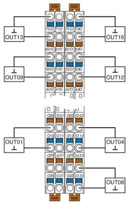 Schema eines elektrischen Verteilers mit nummerierten Ausgängen OUT01 bis OUT16, zeigt unterschiedliche Steckplätze und Verbindungen.