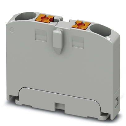 Graue elektrische Klemme mit zwei orangenen Anschlusspunkten. Dient zum sicheren Verbinden von Kabeln in elektrischen Geräten.