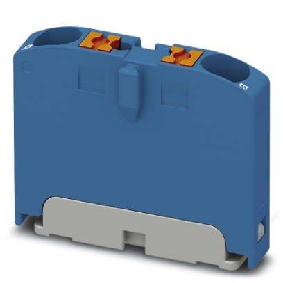 Ein blauer elektrischer Steckverbinder mit zwei orangefarbenen Klemmen auf der Oberseite; Basis ist grau.