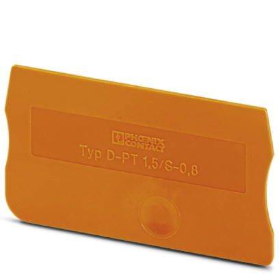 Ein orangefarbenes Kunststoffschild mit geprägtem Text 'Typ D-PT 1,5/S-0,8' und dem Logo eines Herstellers.