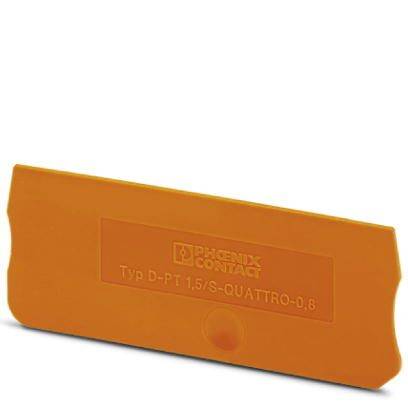 Eine orange Plastikabdeckung mit der Aufschrift 'Phoenix Contact Typ D-PT 1,5/S-QUATTRO-0,6', vermutlich ein Schutz- oder Verbindungselement.