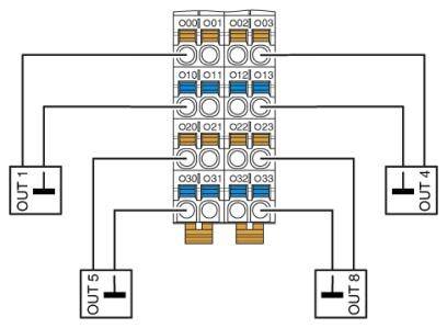Blockdiagramm zeigt elektrische Schaltkreise, verbunden mit Ausgängen OUT1, OUT4, OUT5, und OUT8.