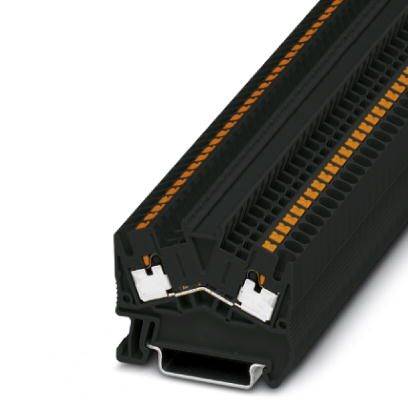 Schwarzer elektrischer Steckverbinder für industrielle Anwendungen, mit mehreren Kontakten und orangen Markierungen zur Ausrichtung.