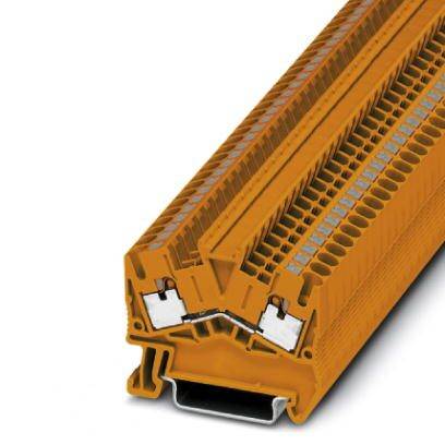 Ein orangefarbener, mehrstöckiger Reihenklemmblock mit mehreren Anschlüssen und markierten Anschlussbereichen, für industrielle Elektrotechnik.