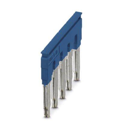 Elektrischer Steckverbinder, blauer Kunststoffrahmen, sechs silberne Metallpins, seitliche Ansicht.