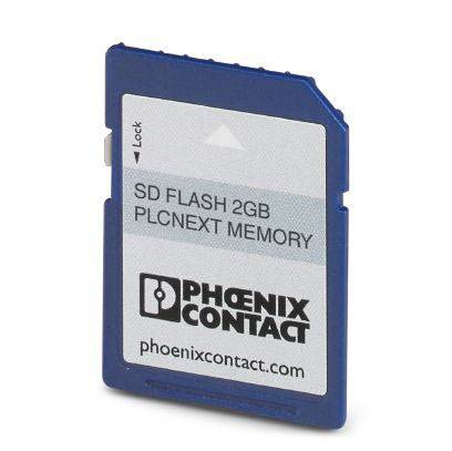 Eine blaue SD-Speicherkarte mit der Aufschrift 'SD FLASH 2GB PLCNEXT MEMORY', Marke Phoenix Contact.