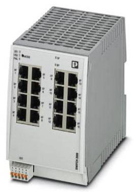 Industrie-Ethernet-Switch mit mehreren LAN-Anschlüssen, geeignet zur Montage auf Hutschienen, verwendet in industriellen Netzwerken.