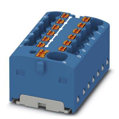 Blauer elektrischer Steckverbinder mit orangefarbenen Klemmen, verwendet zur Verbindung und Organisation von Drähten in der Elektronik.