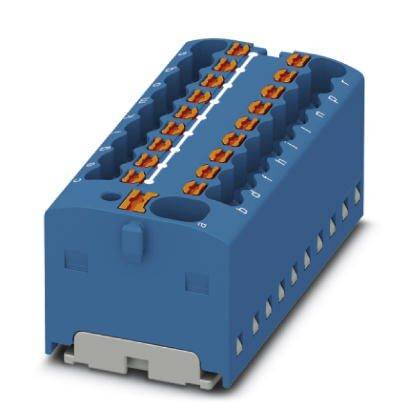 Ein blaues elektrisches Steckmodul mit mehreren Klemmen und orangenen Kontakten zur Verbindung von Drähten in elektrischen Schaltkreisen.