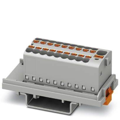 Elektrischer Steckverbinder in grauer Farbe mit mehreren Anschlussklemmen, zur Verwendung in elektronischen Geräten.