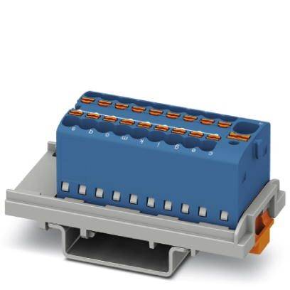 Ein blauer elektrischer Anschlussblock mit mehreren orangefarbenen Clips zur Kabelbefestigung, montiert auf einer grauen Basis.