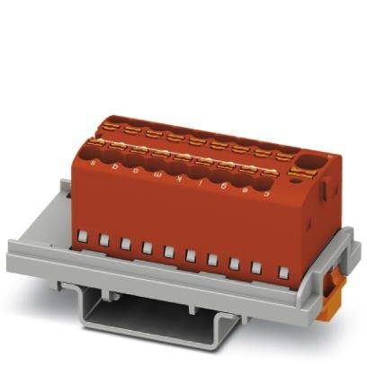 Ein orangefarbener elektrischer Steckverbinder auf einer grauen Basis, mit mehreren Kontakten für den Einsatz in elektrischen Schaltungen.