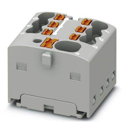 Graues elektrisches Steckmodul mit mehreren orangefarbenen Klemmenanschlüssen, geeignet für die Installation in Schaltsystemen.