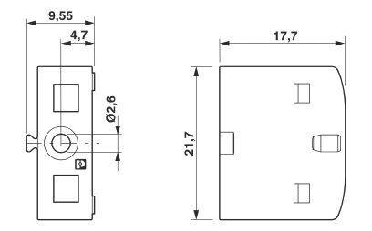 Technische Zeichnung eines rechteckigen Bauteils mit Abmessungen: Breite 9,55 mm, Tiefe 4,7 mm, Höhe 21,7 mm, Lochdurchmesser 2,6 mm.