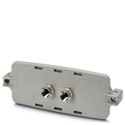 Ein rechteckiger, grauer Adapter mit zwei Metallanschlüssen in der Mitte, geeignet für industrielle oder technische Anwendungen.