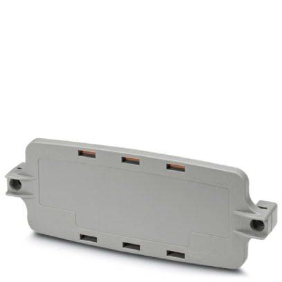 Graues rechteckiges elektronisches Bauteil mit mehreren Schlitzen und Montagemöglichkeiten an den Seiten, auf weißem Hintergrund.