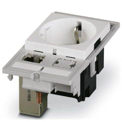 Einbaumodul mit Steckdose, Metall- und Kunststoffteilen, hauptsächlich in Weiß und Schwarz. Geeignet für Geräteanschlüsse.