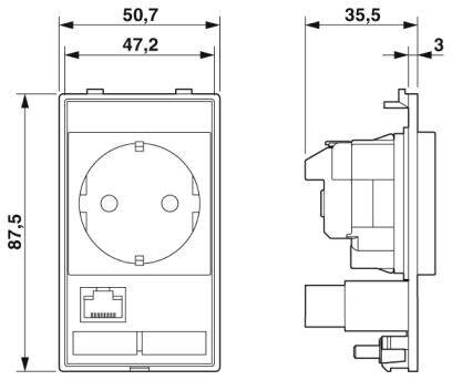 Technische Zeichnung einer Steckdose mit Maßen: Breite 50,7 mm, Höhe 87,5 mm, Tiefe 35,5 mm. Zeigt Vorder- und Seitenansicht.