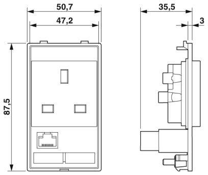 Technische Zeichnung einer Steckdose mit genauen Abmessungen: Höhe 87,5 mm, Breite 50,7 mm, Seitenansicht 35,5 mm. Zeigt vordere und seitliche Ansicht.