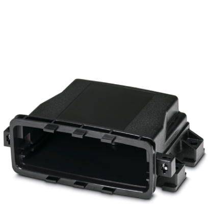 Schwarzes rechteckiges Kunststoffgehäuse mit offenem Ende und seitlichen Befestigungslaschen, möglicherweise für Elektronikbauteile.