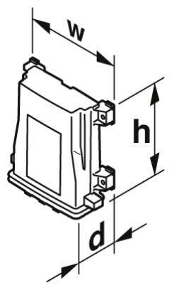 Abbildung eines dreidimensionalen Gehäuses mit Beschriftungen für Breite (w), Höhe (h) und Tiefe (d).