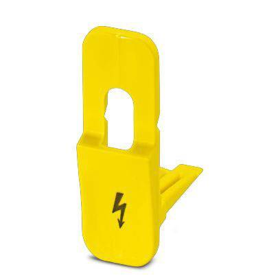 Ein gelber Sicherheitsstecker mit Blitzsymbol, zur Verriegelung von Schaltern oder Steckdosen, um versehentliche Aktivierung zu verhindern.