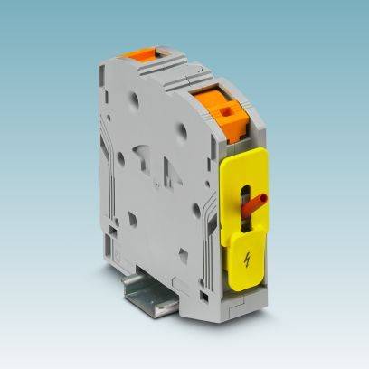 Grau-gelber elektrischer Schalter auf Hutschiene, verwendet zur Trennung von Stromkreisläufen.