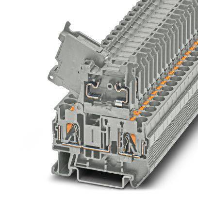 Ein grauer, gestapelt angeordneter elektrischer Anschlussblock mit orangefarbenen Highlights, gezeigt in einer technischen Seitenansicht.