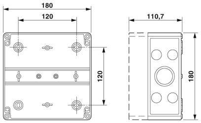 Technische Zeichnung eines rechteckigen Gehäuses mit Maßen: 180 mm x 120 mm. Zeigt Front- und Seitenansicht mit Bohrlöchern.
