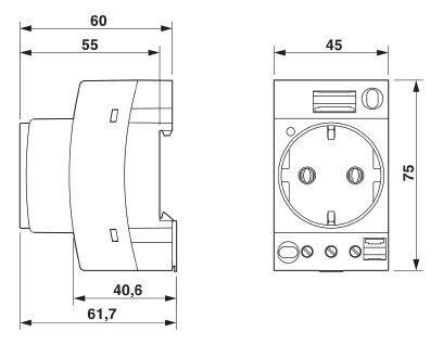 Technische Zeichnung einer elektrischen Steckdose mit Maßen: 60x75 mm; Tiefe: 61,7 mm. Zeigt Ansichten von vorne und der Seite.
