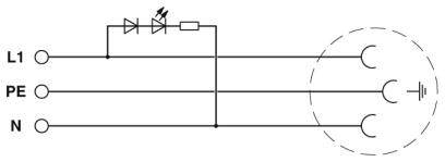 Eine Schaltung zeigt die Verbindung von Phase (L1), Schutzleiter (PE) und Neutralleiter (N) mit einer LED parallel zu einem Widerstand.
