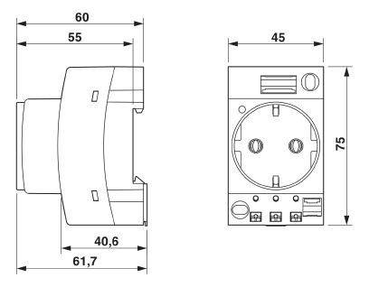 Technische Zeichnung eines elektrischen Geräts mit Abmessungen: 60 mm Breite, 75 mm Höhe. Zeigt Details wie Anschlüsse und Steckdose.