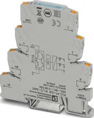 Schmales, graues elektrisches Relais mit orangefarbenen Entriegelungen und technischen Aufdrucken, inklusive Anschlussschema.