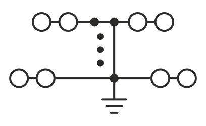 Schaltplan-Diagramm: Symbole für eine serielle Schaltung mit Erdung. Verbindungen sind durch Linien und Knoten dargestellt.