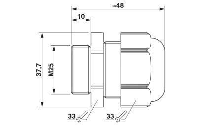 Technische Zeichnung eines Schraubverbinders mit den Maßen: Gesamtlänge 48 mm, Durchmesser M25, Höhe 37,7 mm.