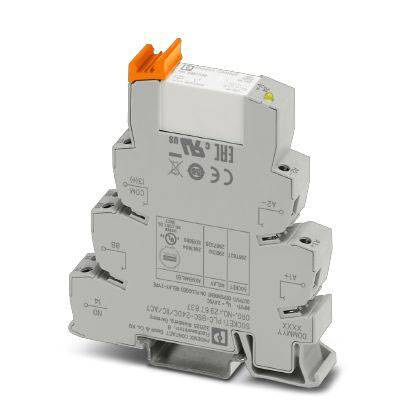 Ein graues elektrisches Relaismodul mit orangem Hebel, auf den DIN-Schienen montierbar. Es zeigt technische Spezifikationen und Symbole.