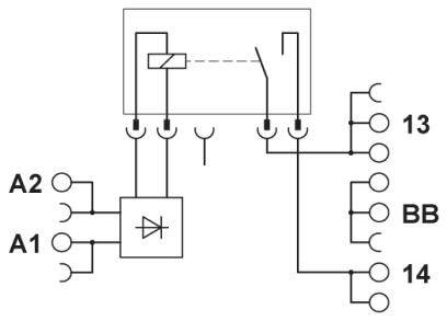Schaltplan eines Schützes mit Spulenkontakten A1 und A2, Schematischer Diode und Schaltkontakte 13, 14, BB.