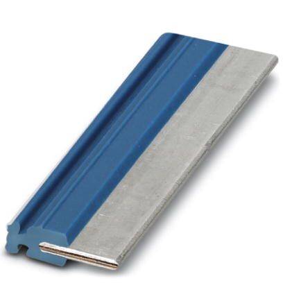 Ein blau-graues Bauteil aus Metall mit stufenartiger Struktur, vermutlich eine elektrische oder mechanische Komponente.