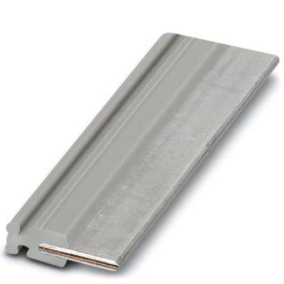 Ein grauer Metallstreifen mit einem hervorstehenden Rand und einer glatten Oberfläche, möglicherweise ein Bauteil oder Zubehörteil.
