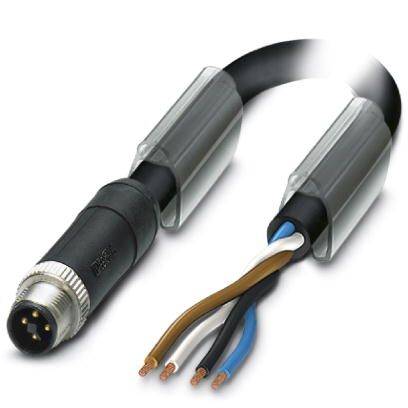Ein mehradriges Datenkabel mit Stecker und freiliegenden, farbcodierten Drähten: braun, weiß, blau, schwarz.