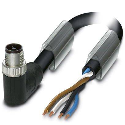 Schwarzes Kabel mit einem abgewinkelten Stecker und sichtbaren Adern in den Farben braun, weiß, blau und schwarz.
