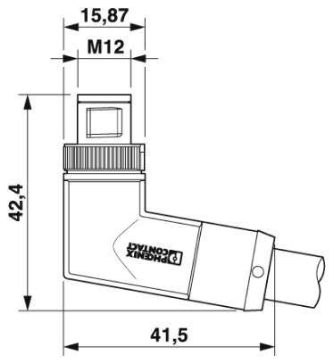 Technische Zeichnung eines L-förmigen Steckverbinders mit den Maßen 15,87 mm und 41,5 mm. Markiert mit 'Phoenix Contact'.