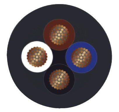 Ein Querschnitt eines elektrischen Kabels mit vier isolierten Leitern in verschiedenen Farben, z. B. Weiß, Rot, Blau und Schwarz.