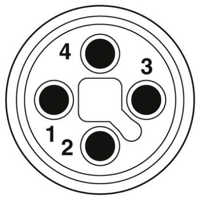 Schema eines 5-poligen elektrischen Steckers mit nummerierten Kontakten von 1 bis 4 und einem zentralen, rechteckigen Kontakt.