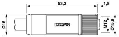 Technische Zeichnung eines Steckverbinders. Gesamtlänge: 53,2 mm, Durchmesser: 16 mm. Markiert mit 'PHOENIX CONTACT'.
