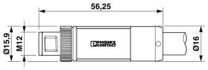 Technische Zeichnung eines zylindrischen Steckverbinders von Phoenix Contact. Länge 56,25 mm. Durchmesser: Kabel 16 mm, Gewinde M12, anderes Ende 15,9 mm.